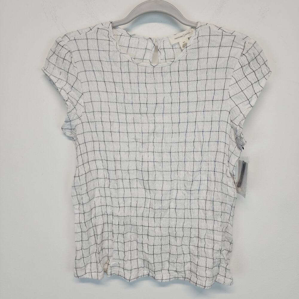 Treasure & Bond Womens Check Blouse Size XS White Navy Blue Short Sleeve Stretch